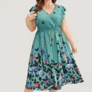 BloomChic Multicolored A-Line Midi Dress with Flutter Sleeves